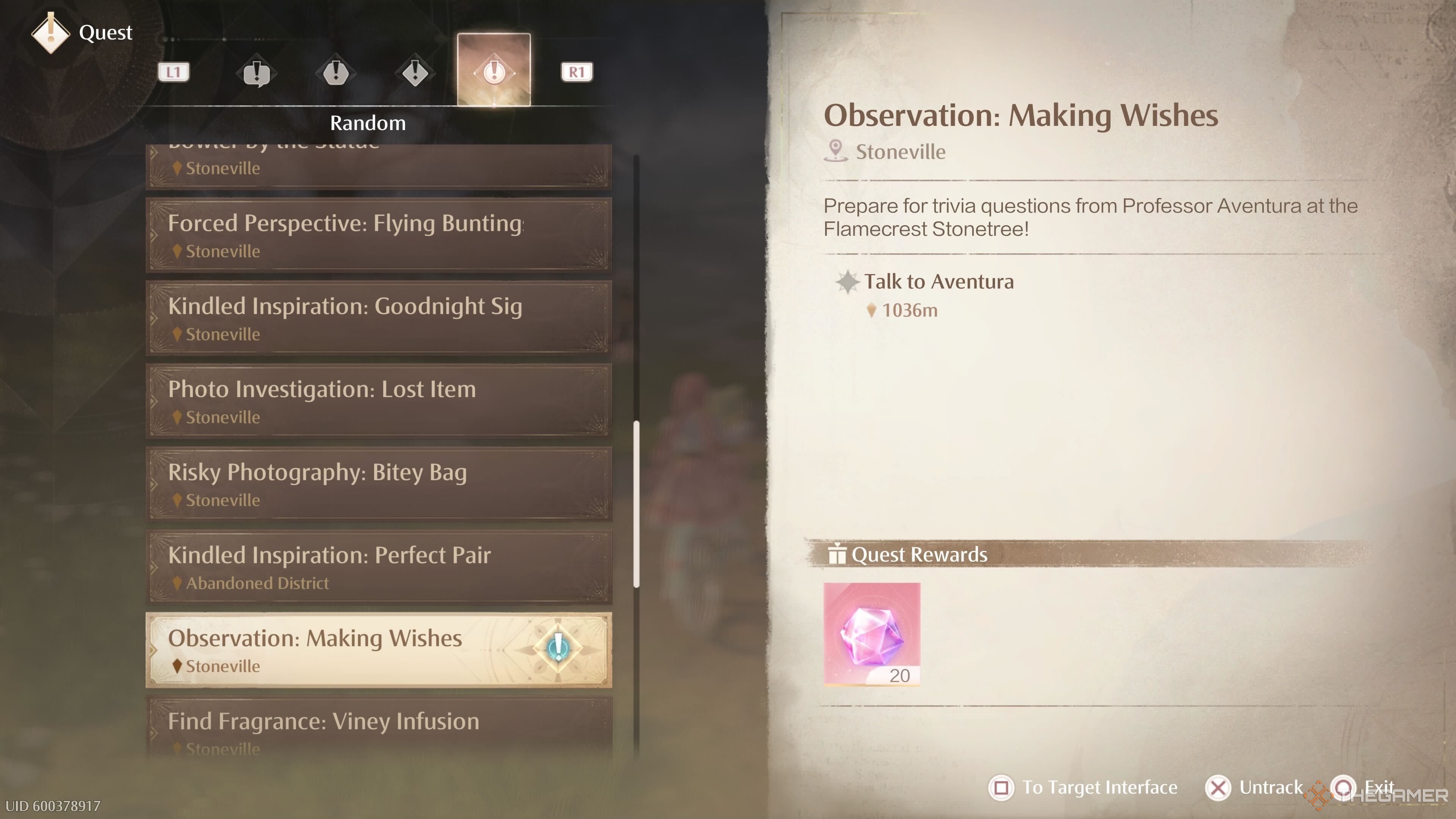 The Observation Making Wishes quest tracker in the random tab of the quest log in Infinity Nikki.