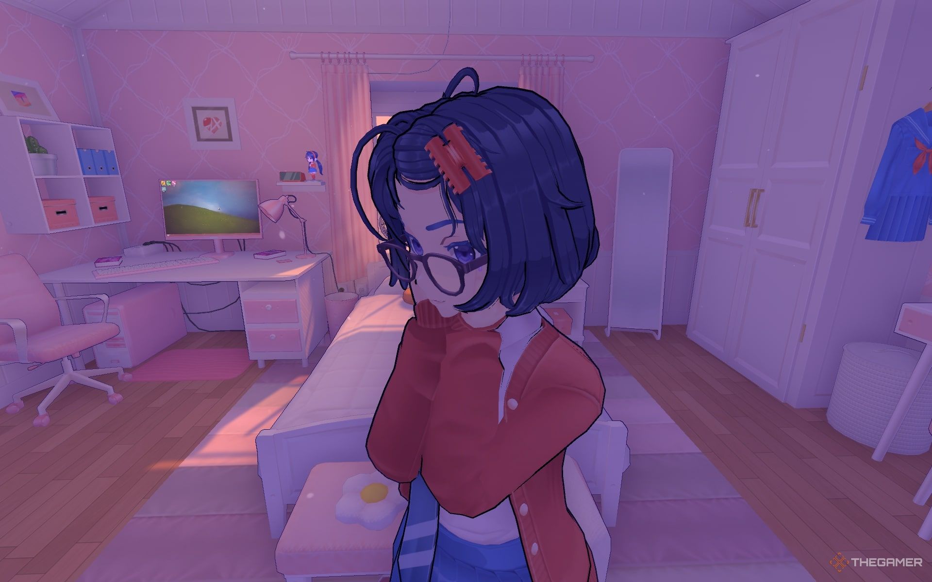 Mila in her living room talking to the protagonist in MiSide. 