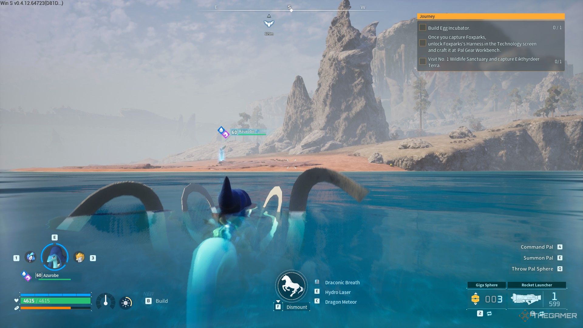 The player is approaching the Feybreak Island from the sea while mounting an Azurobe in Palworld.