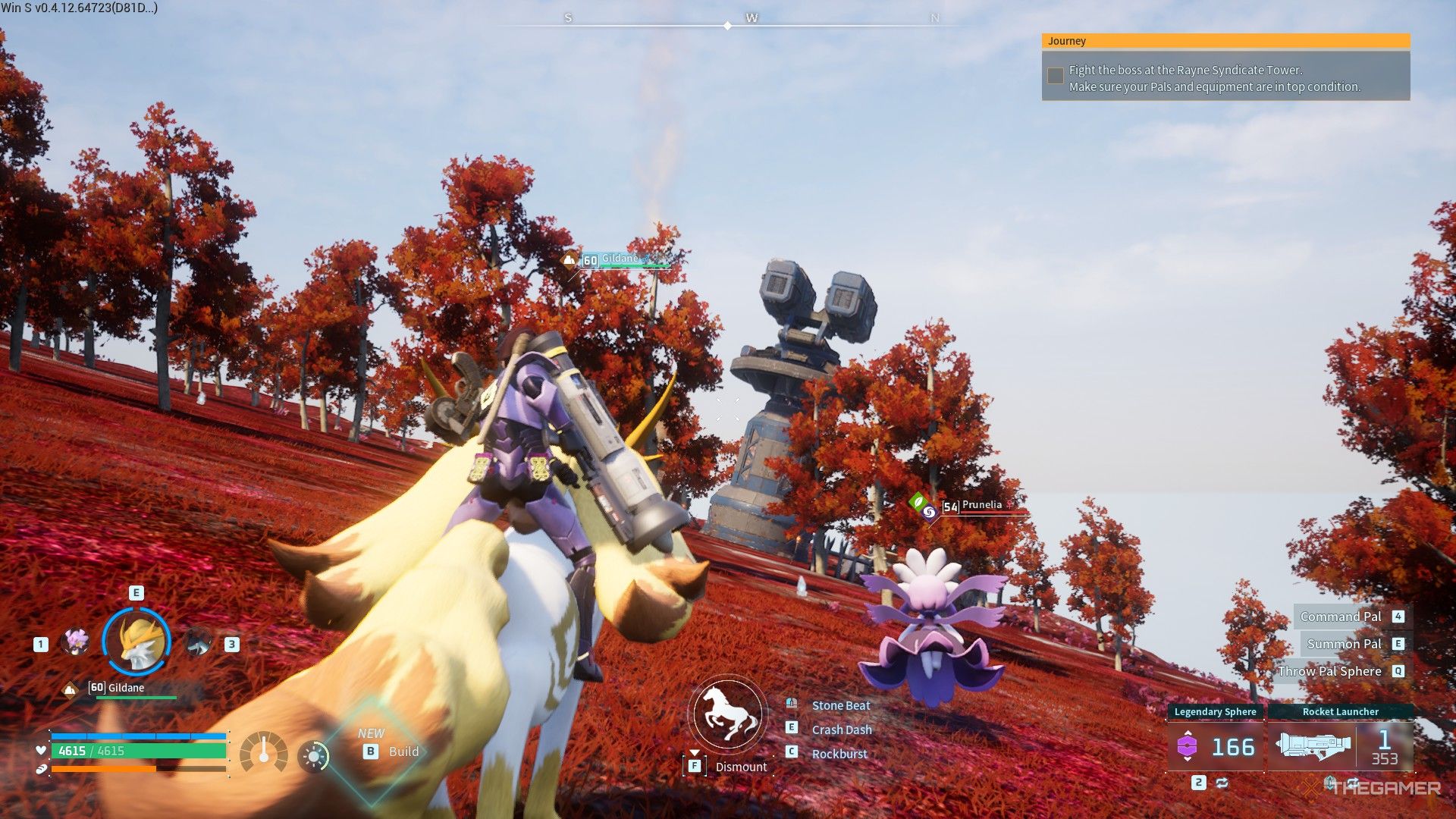 The player is looking at the anti misille launcher while he rides on a Gildane in Palworld.