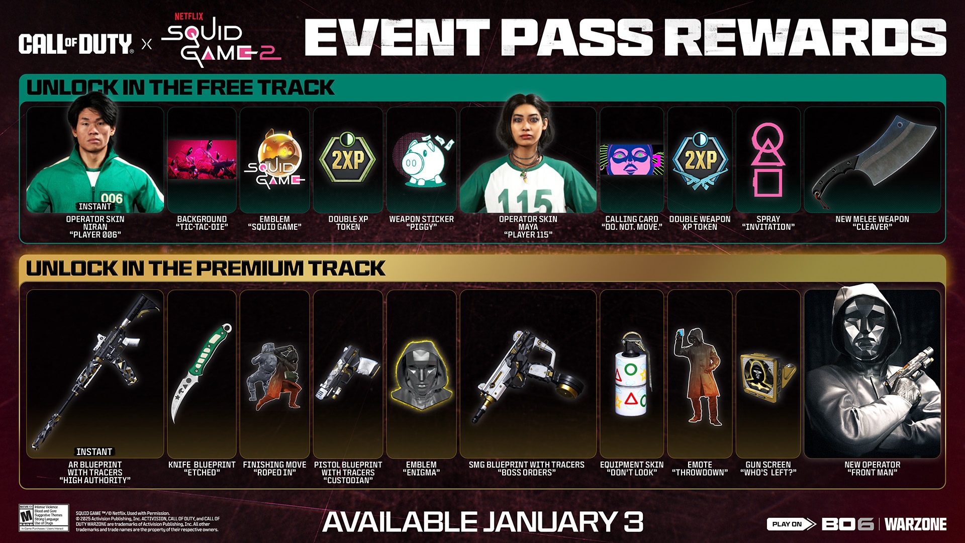 BO6 Squid Game: A graphic showing event pass rewards