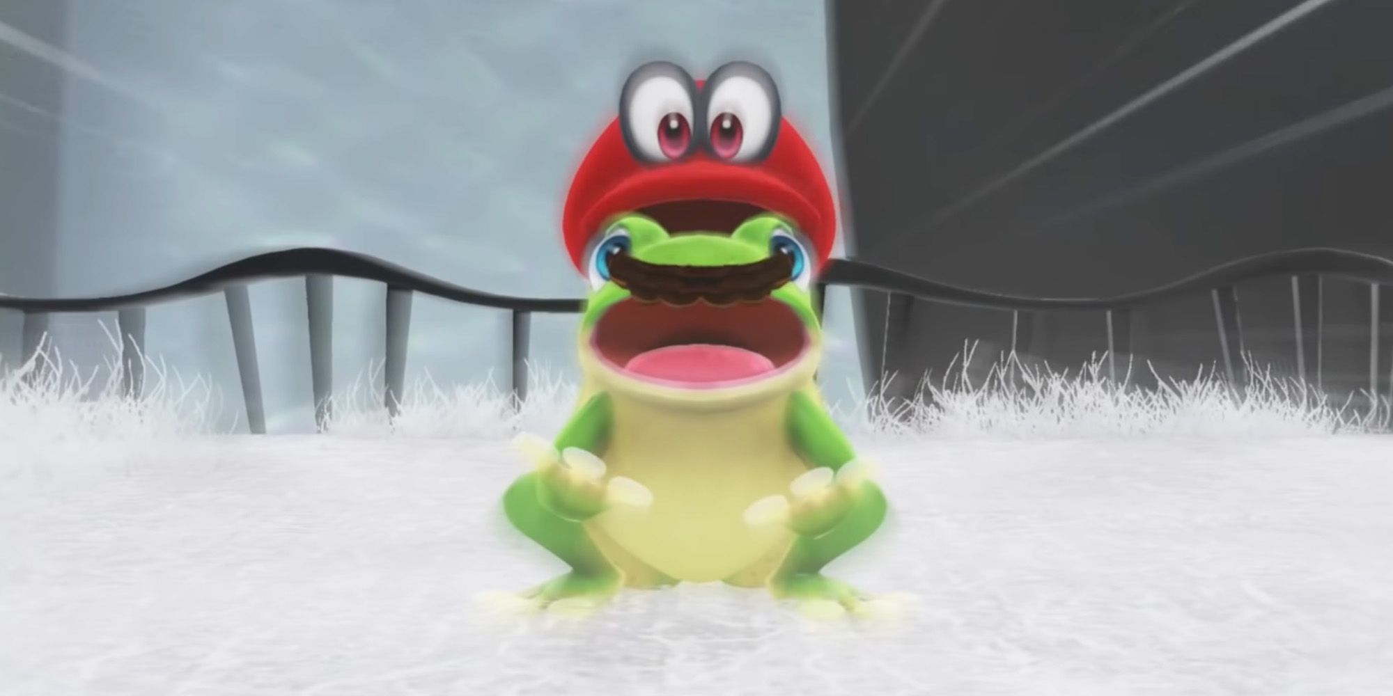 Mario and Cappy turning into a frog in Super Mario Odyssey