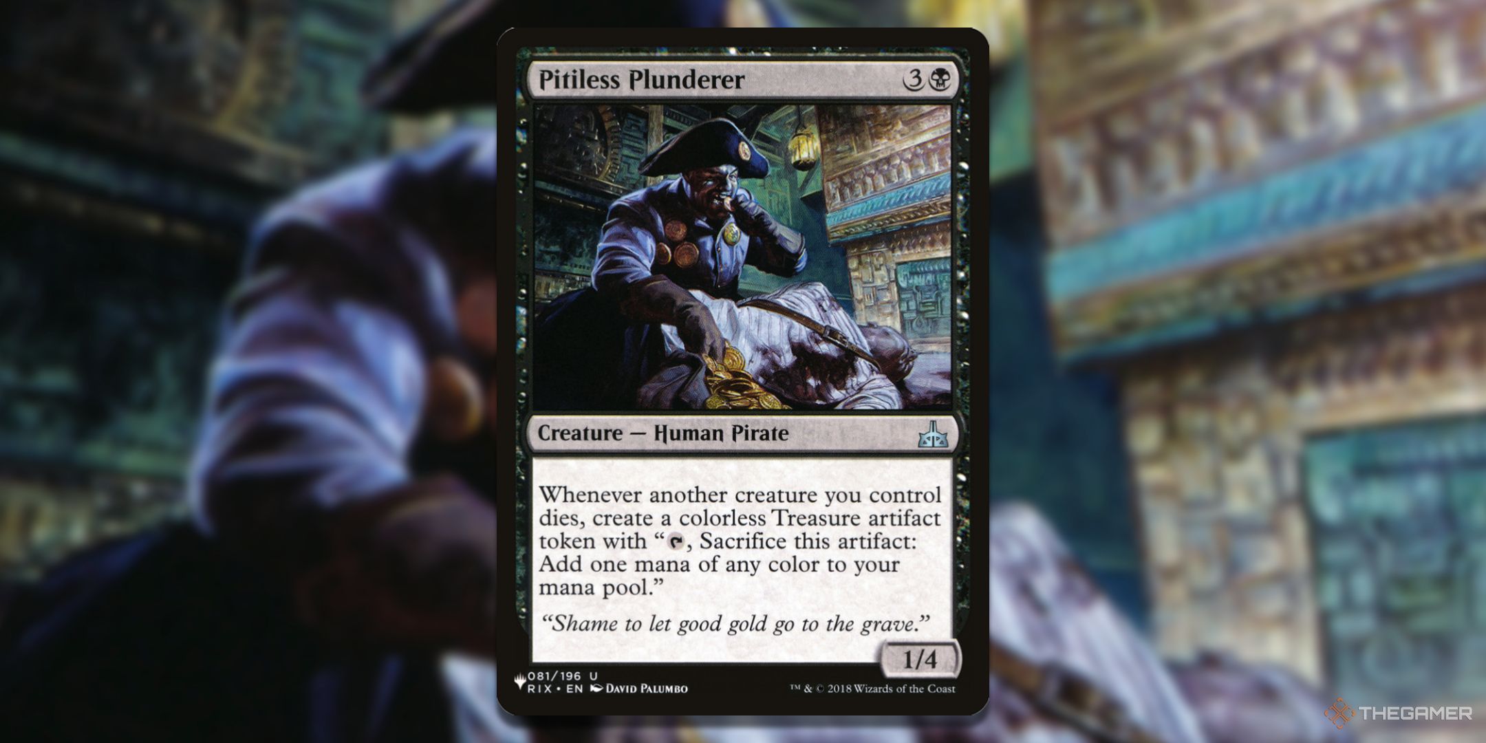 MTG Pitiless Plunderer card with the art in the background.