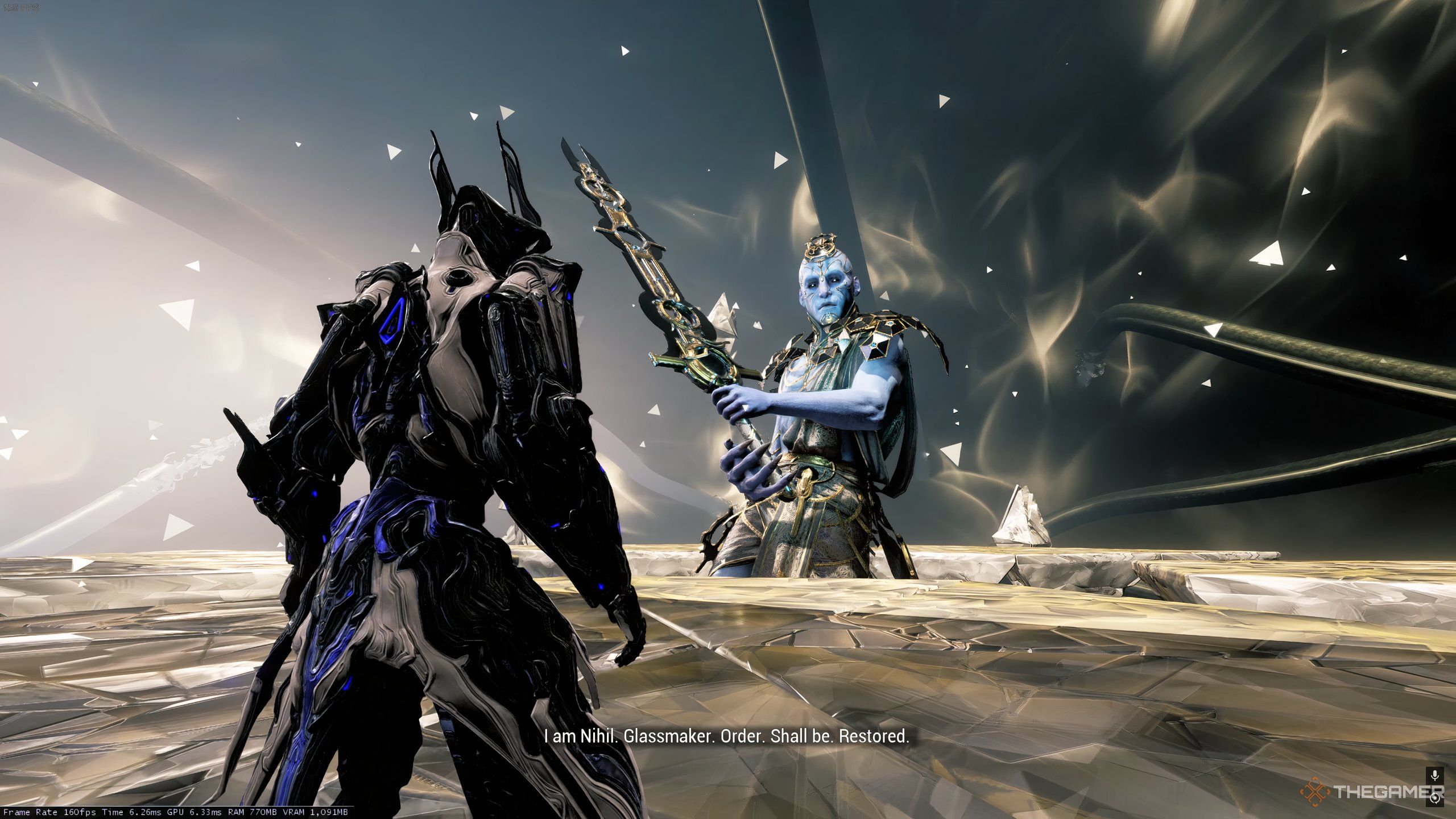 The fight with Nihil, the Glassmaker, in Warframe.