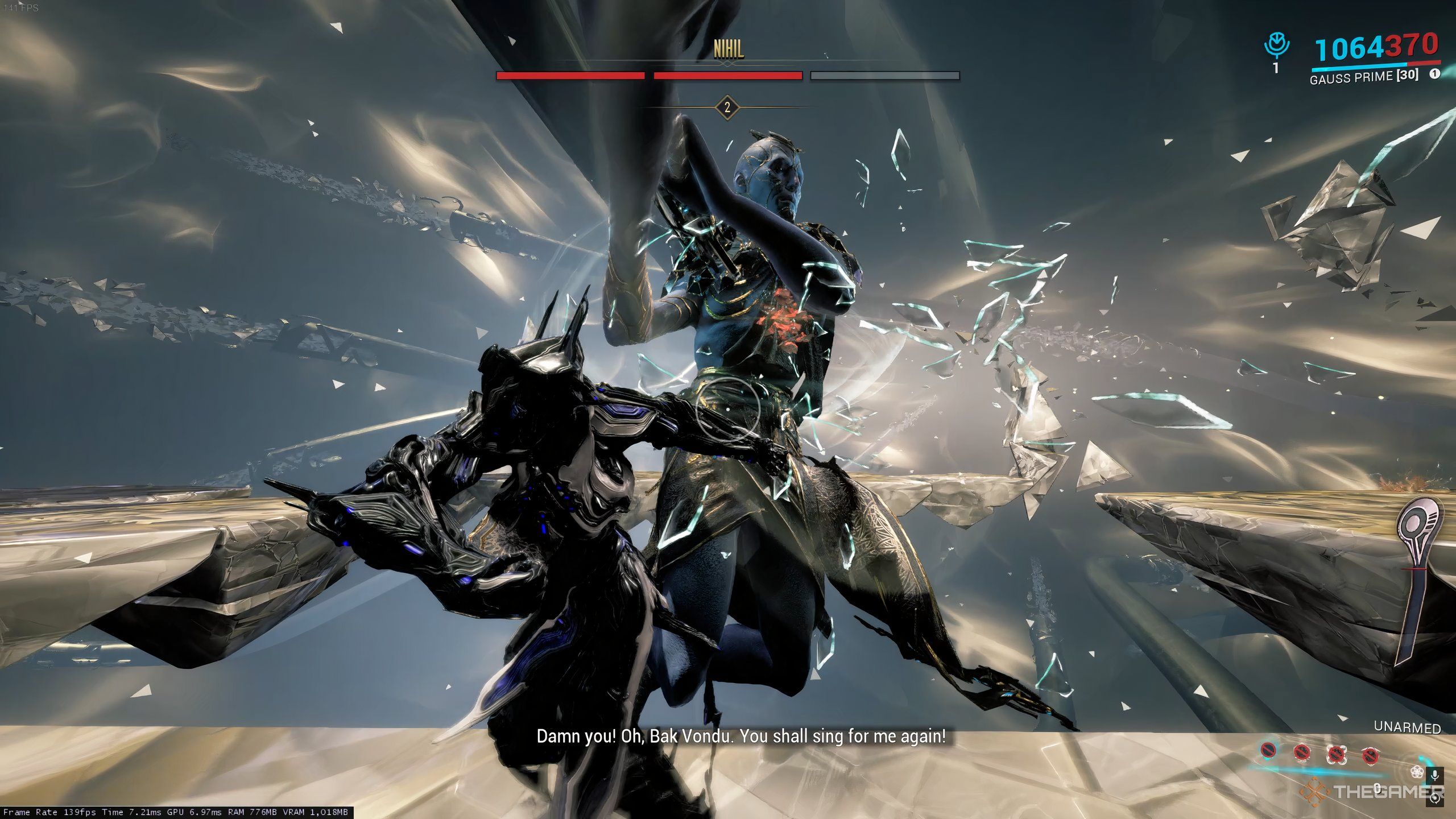 Throwing a projectile at Nihil to damage him when he's vulnerable in Warframe.