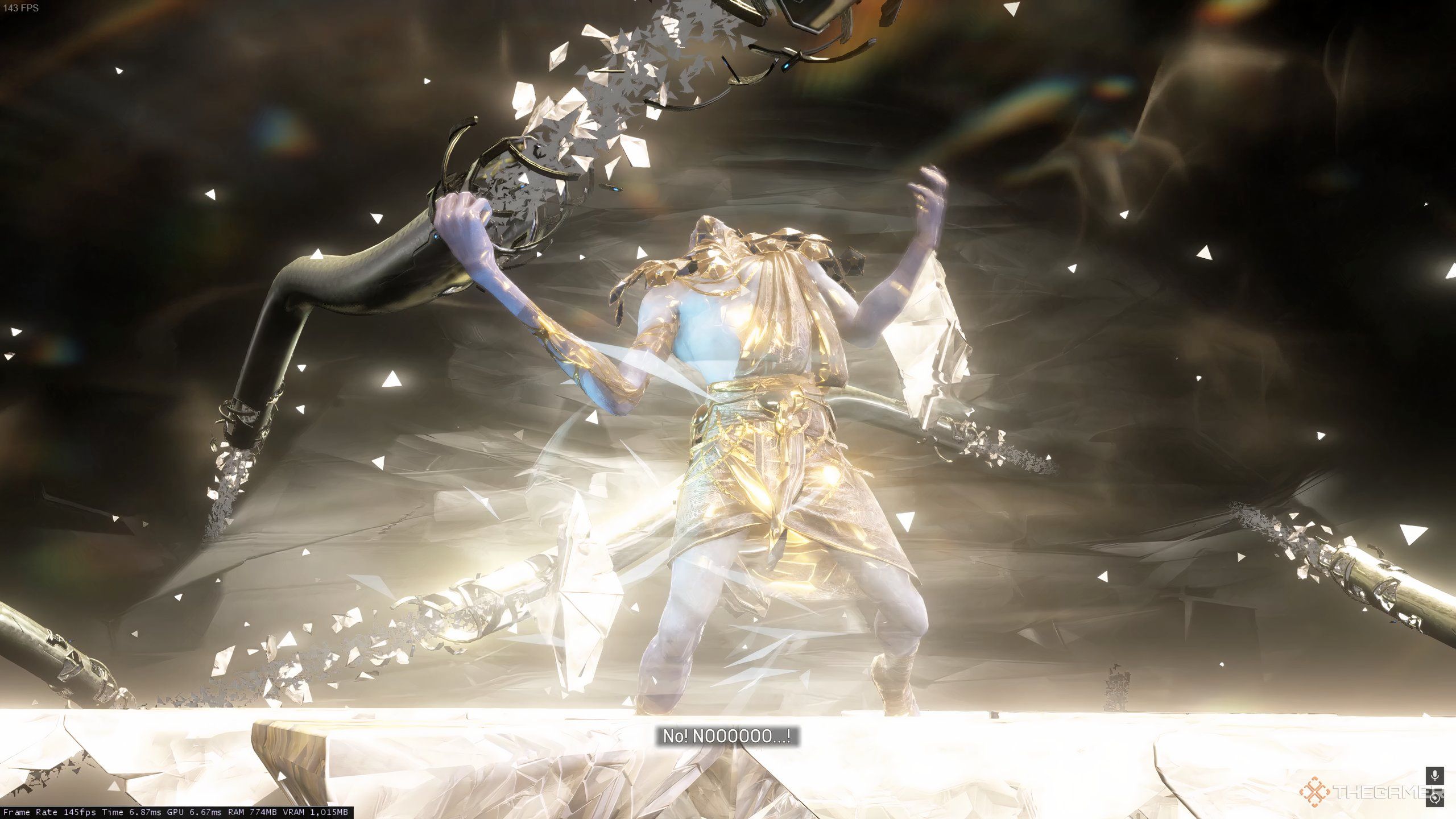 Nihil suffering defeat, ending his fight in Warframe.