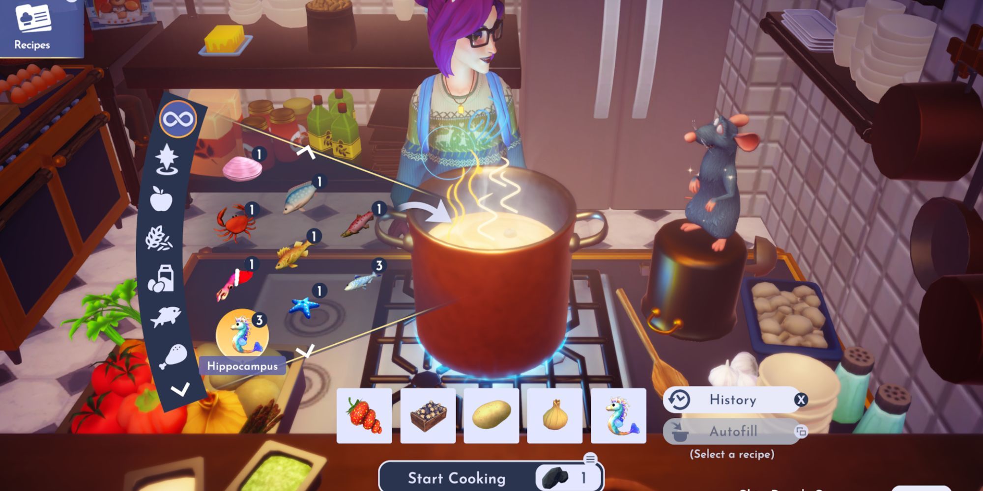 Cooking with Hippocampus Cepelinai Dumplings recipe ingredients in Disney Dreamlight Valley