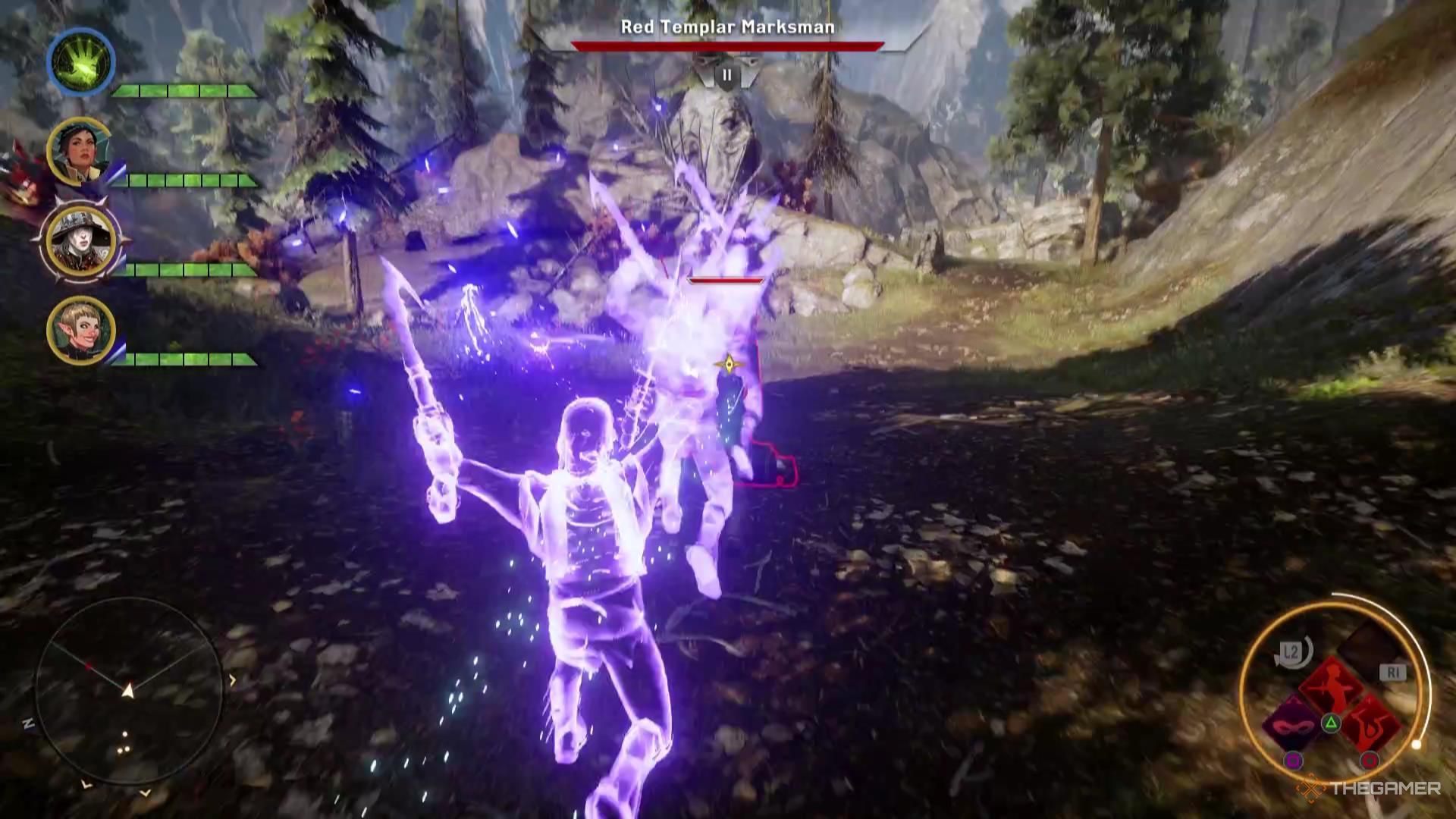 Cole leaping at an enemy with his daggers in Dragon Age: Inquisition.