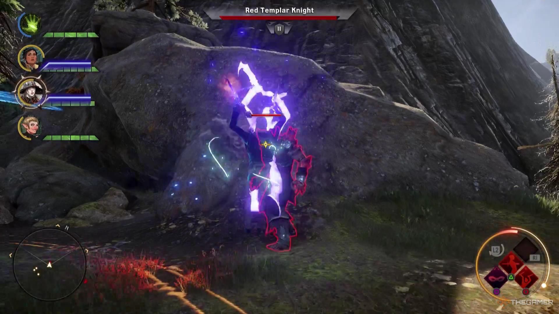 Cole has a purple outline while leaping at an enemy in Dragon Age: Inquisition.