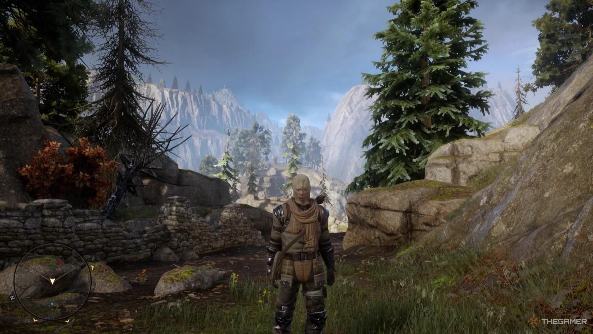 Cole stands facing the camera and wearing a different outfit in Dragon Age: Inquisition.