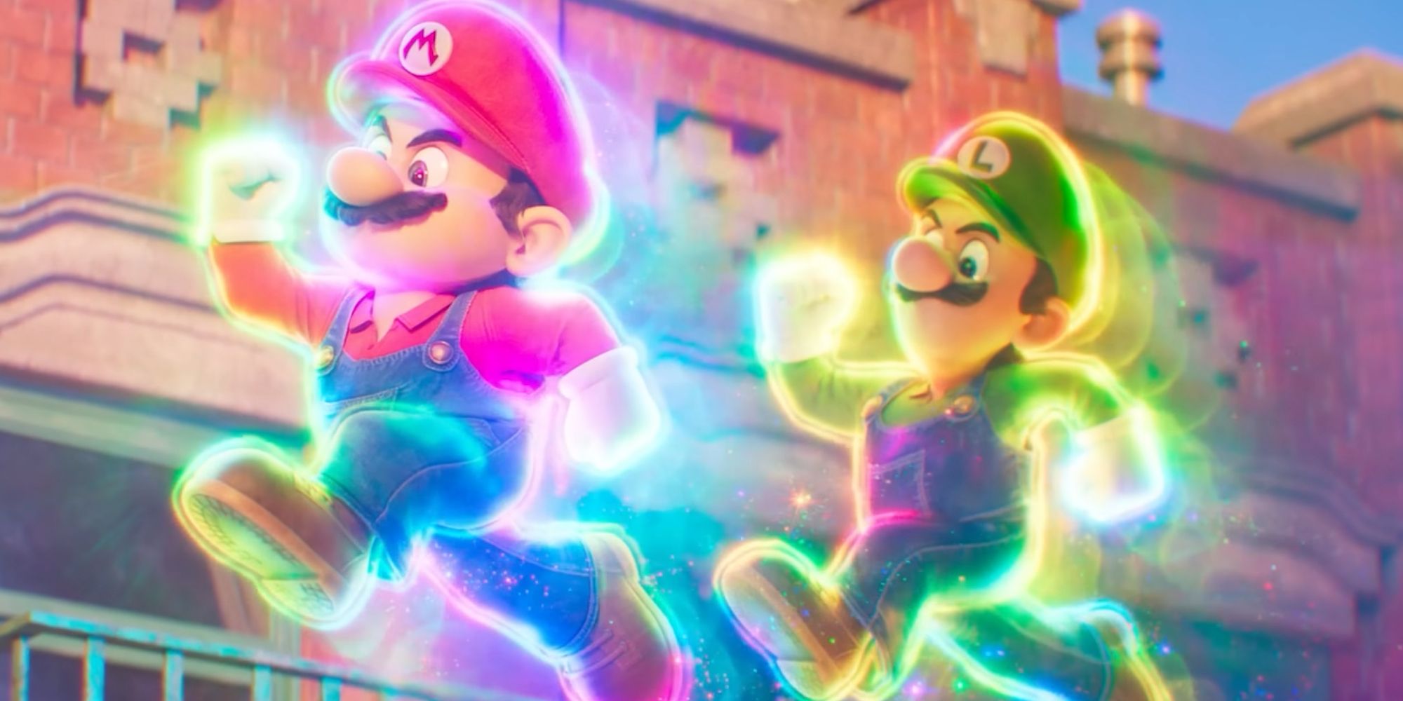 Mario and Luigi hopping in unison in The Super Mario Bros. Movie