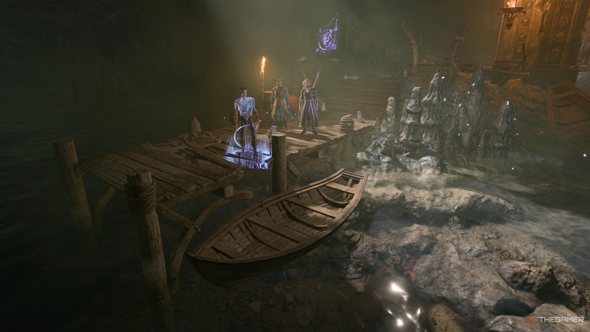 Baldur's Gate 3 image showing a monk player with his party about to board a skiff.