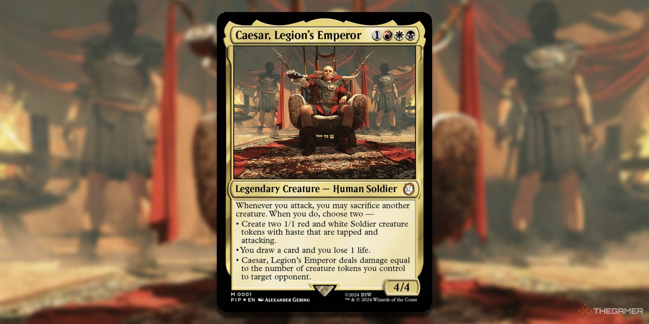 MTG Caesar, Legion's Emperor card with art in the background.