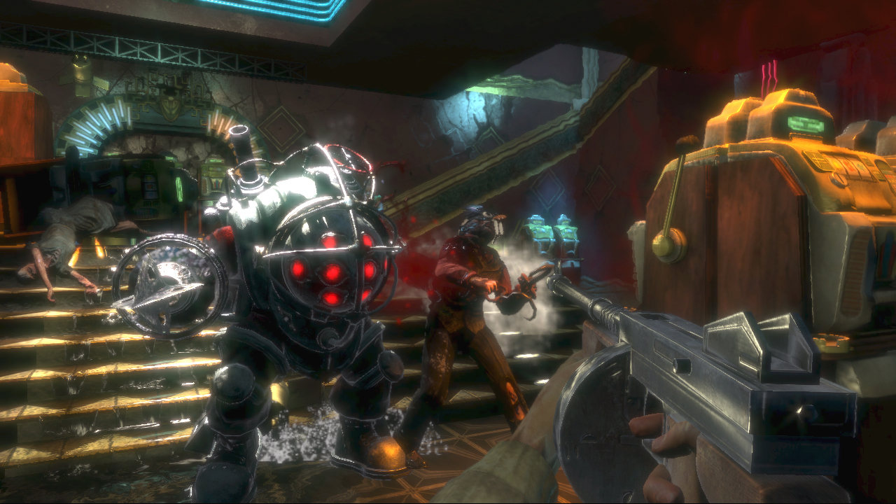 A Big Daddy fights Splicers as the player takes aim in BioShock