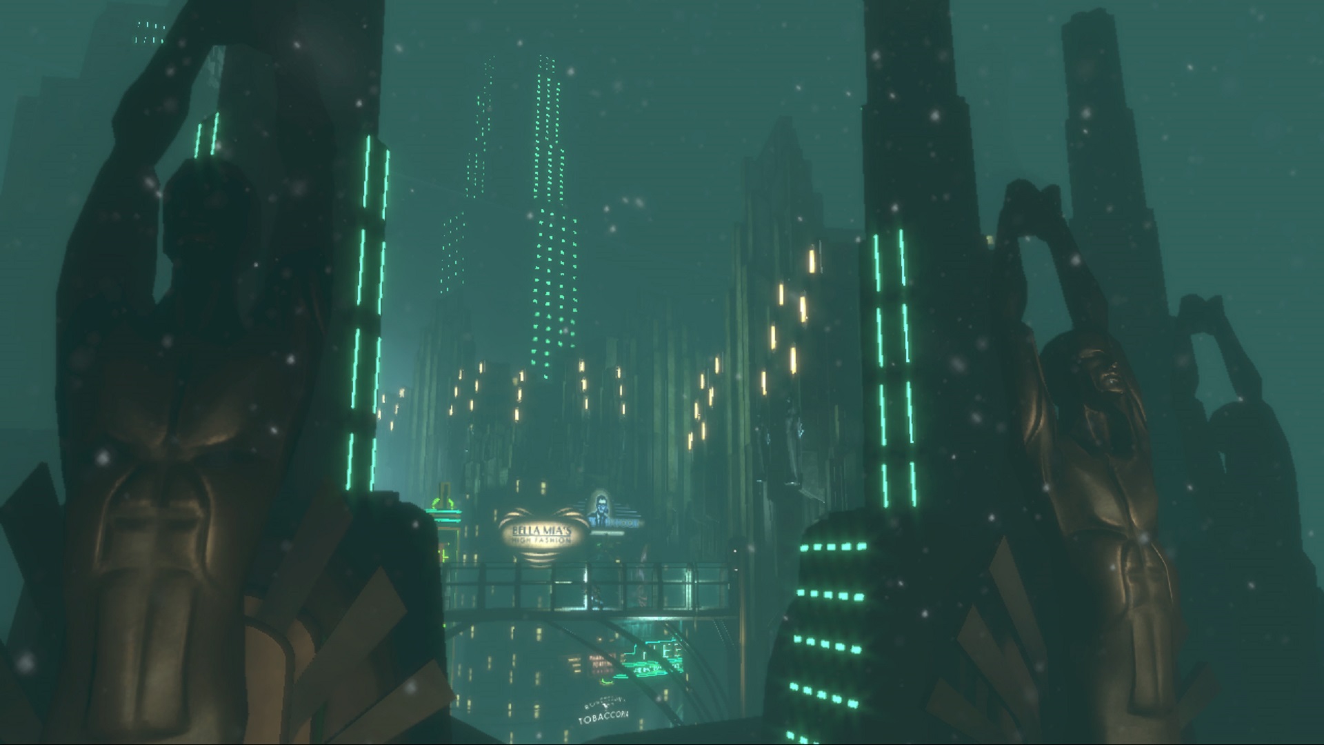 Entering Rapture in BioShock, a massive art deco undersea city