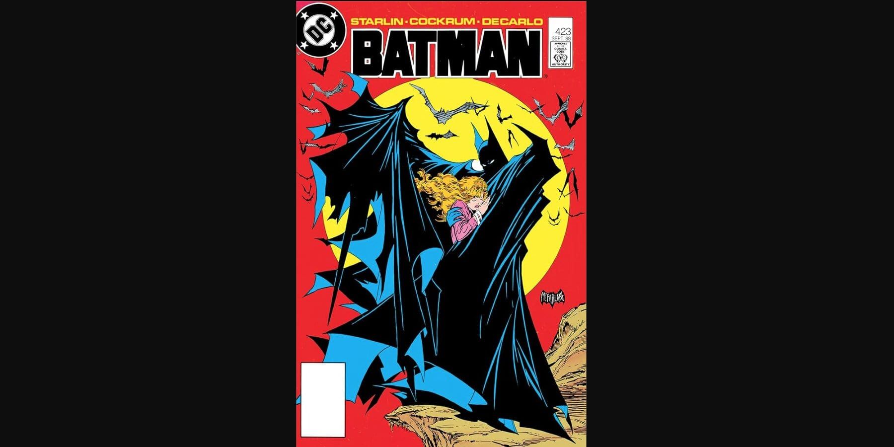 Comic cover of Batman using his cape to protect a woman 