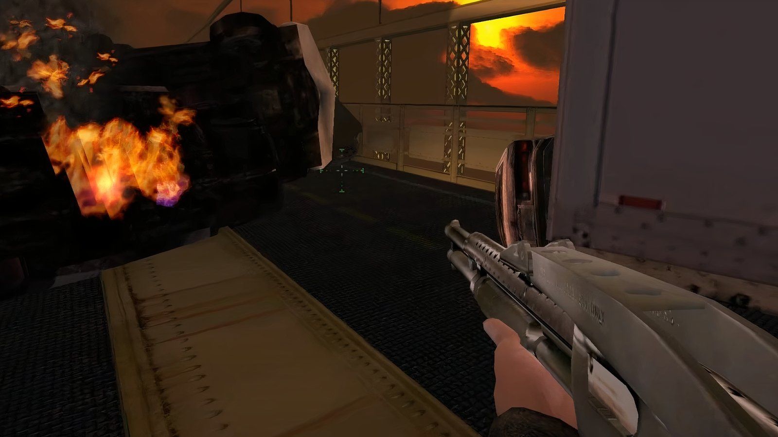 Player crossing the zombie plagued bridge with a shotgun in hand.