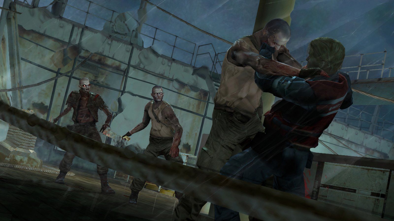 Tom Hansen, main character, grappling with a zombie on a ship, while two zombies approach.