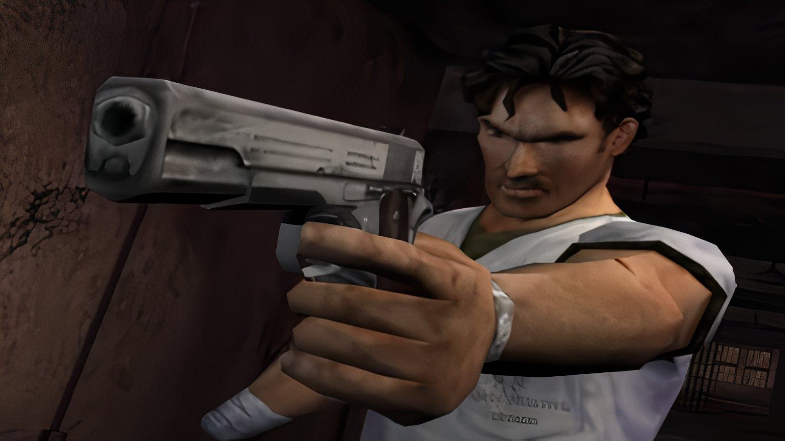 Main character,  Ash Williams who is in the center of the image, wields a gun. 