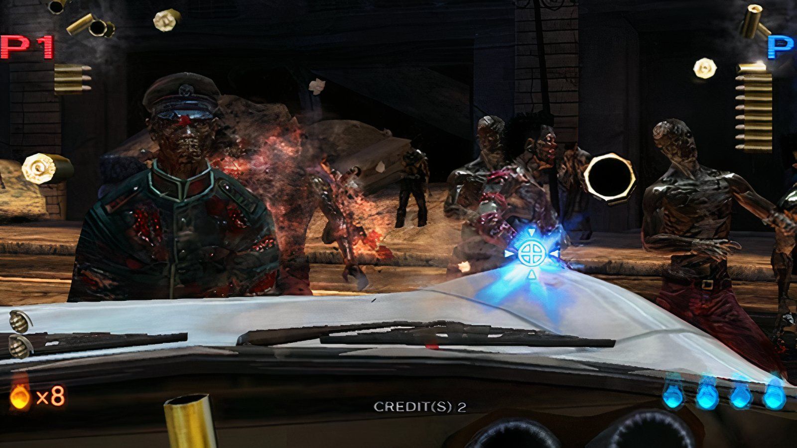 Player driving in a car while shooting at the horde of undead.