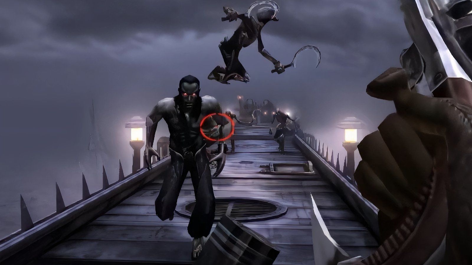 Player reloads the revolver while being attacked by vampires, and banshees on a bridge in a mist.