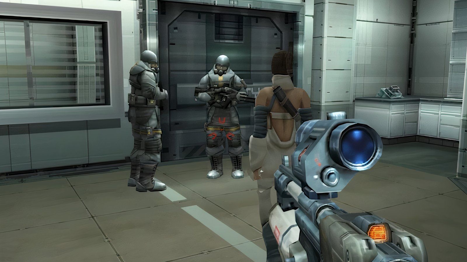 Main character wielding a weapon while being escorted by the armed soldiers through the facility.