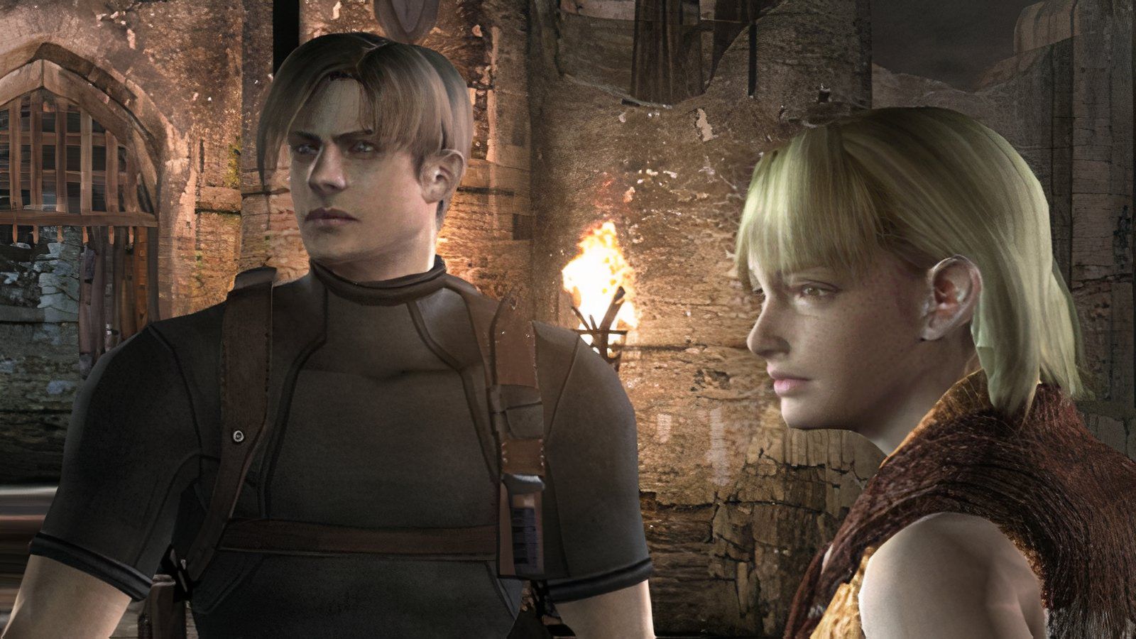 Leon Kennedy and Ashley Graham staring in the distance in front of the castle entrance.