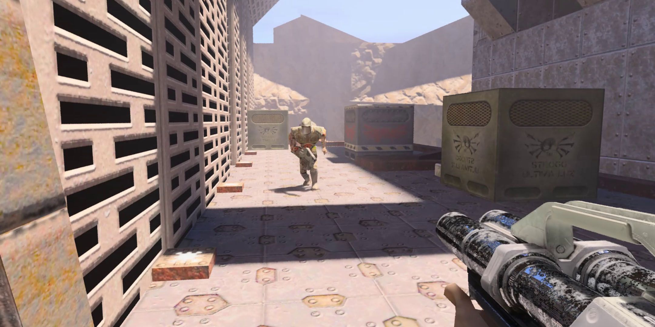 Quake 2 RTX screenshot of a player aiming a shotgun at an enemy outside.