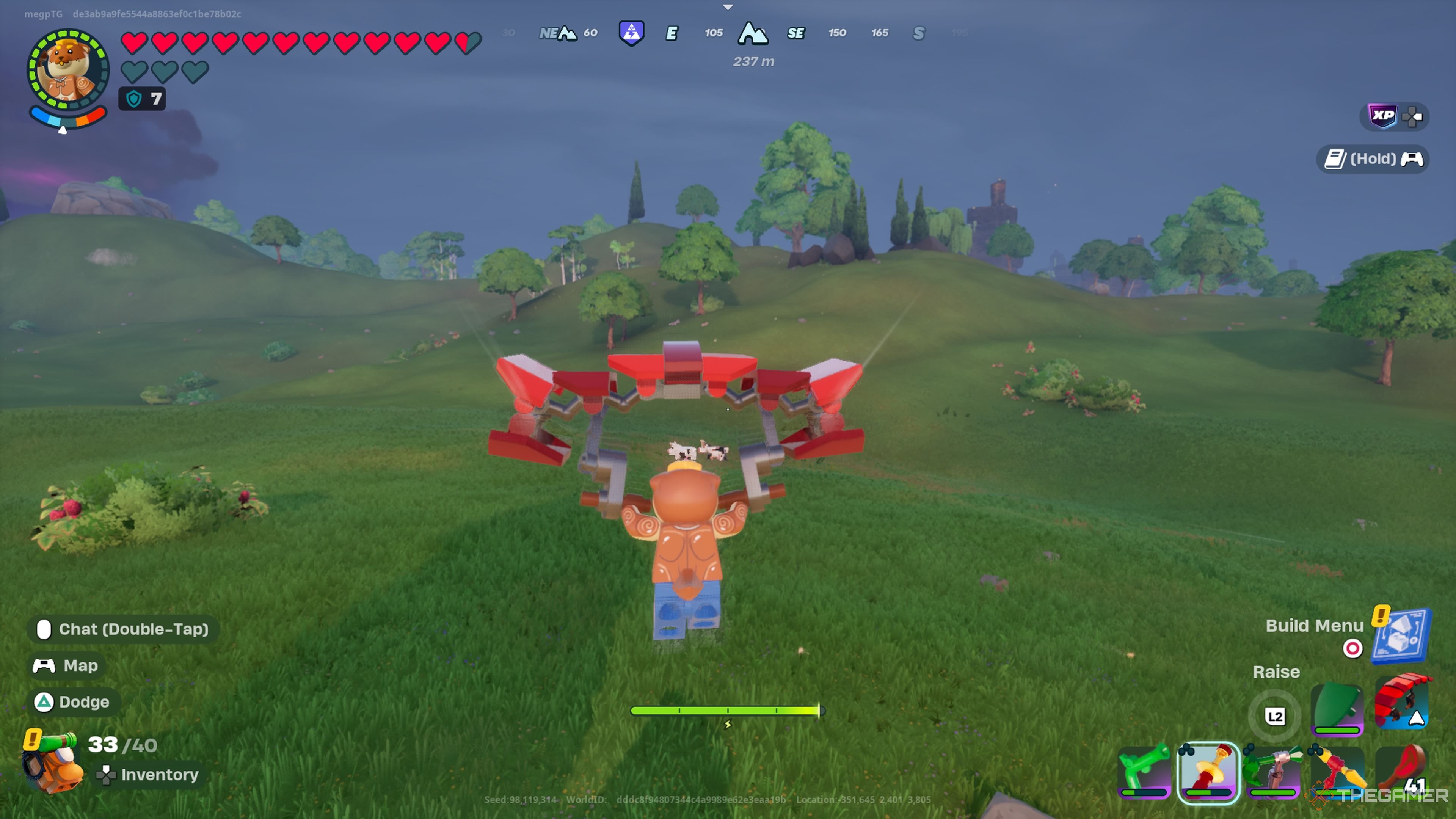 Doughberman using the glider with a view from behind in Lego Fortnite Odyssey.