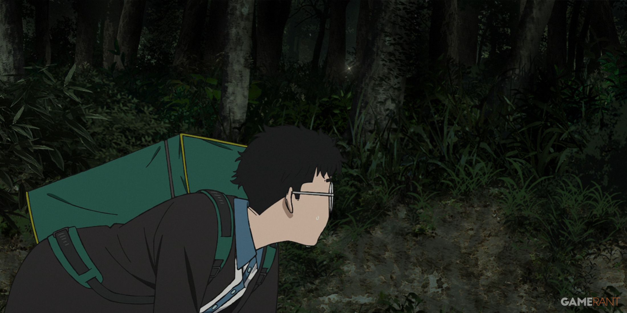 Okarun notices a glint of light in the forest near Jiji's house in Dandadan.