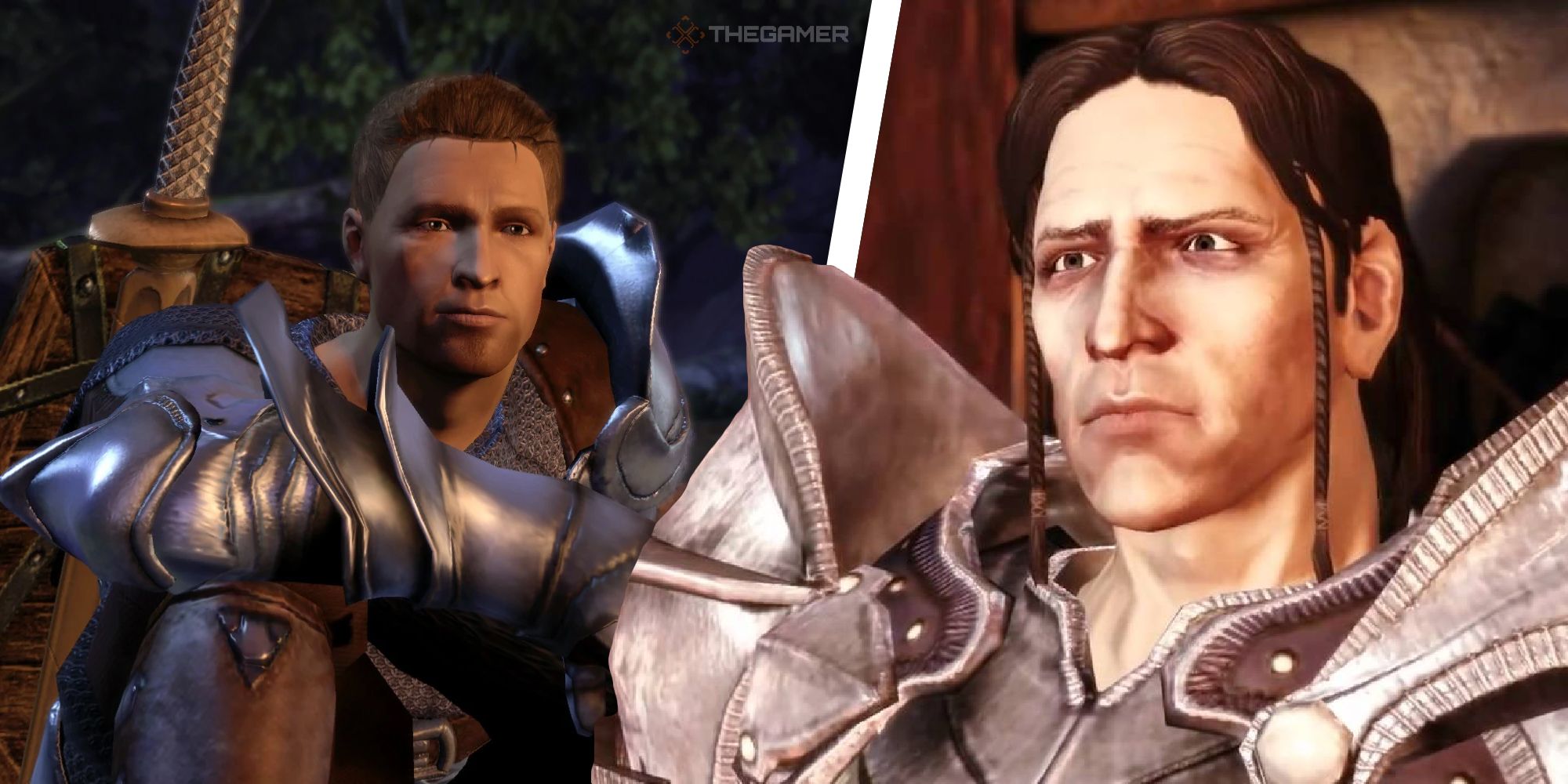 A split image of Loghain and Alistair in Dragon Age: Origins.