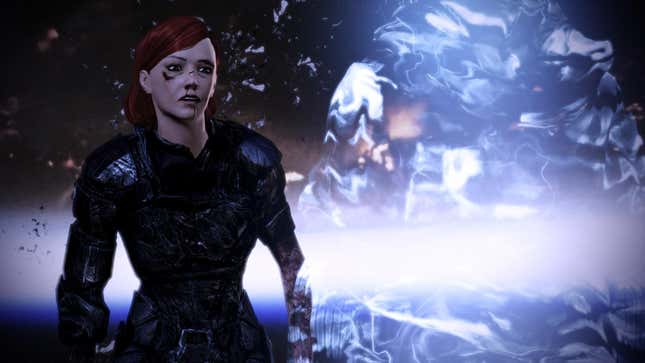 Commander Shepard faces the blue swirly boy at the end of Mass Effect 3.