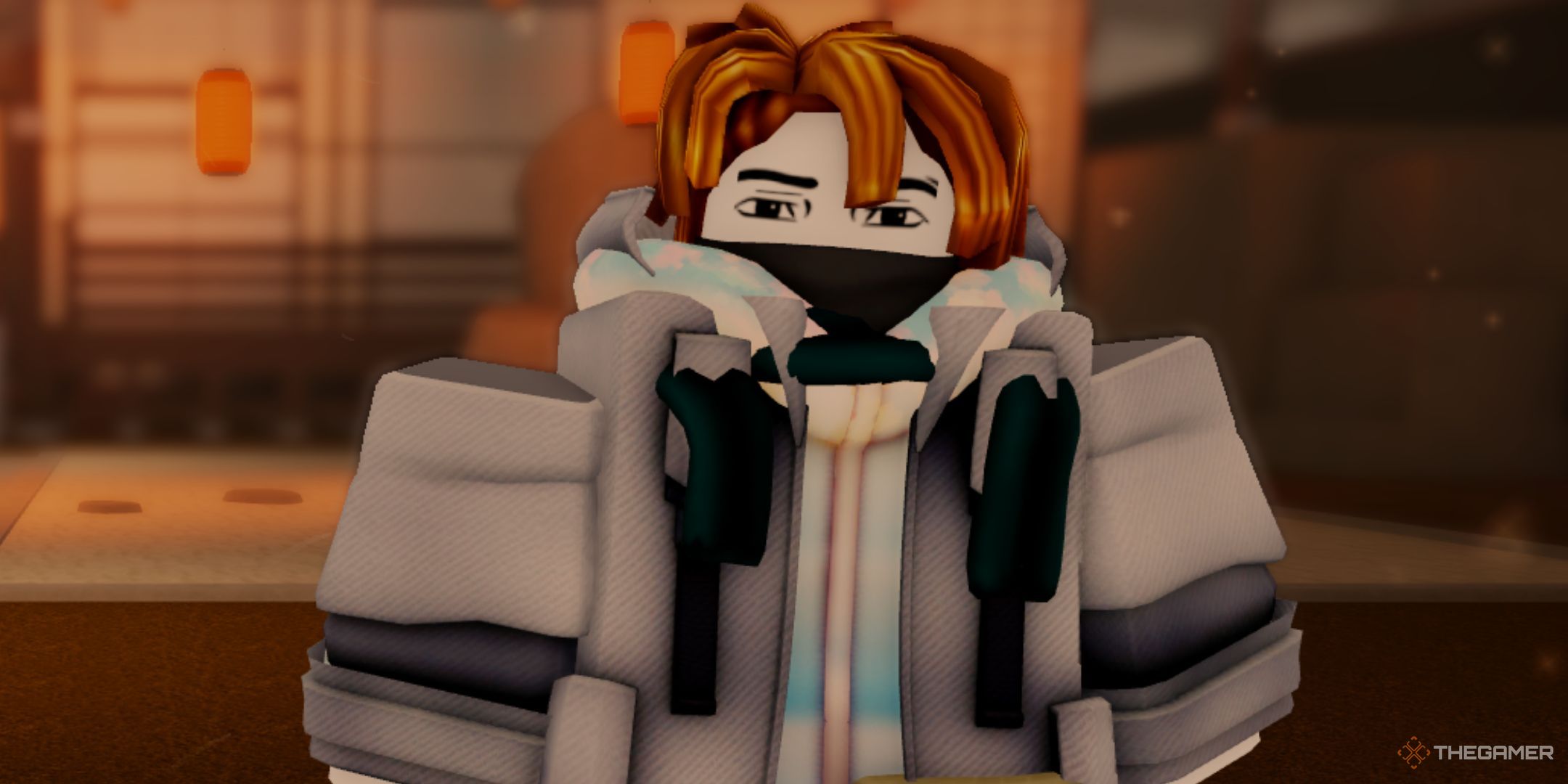 The player character is wearing a winter coat and mask in Jujutsu Infinite.