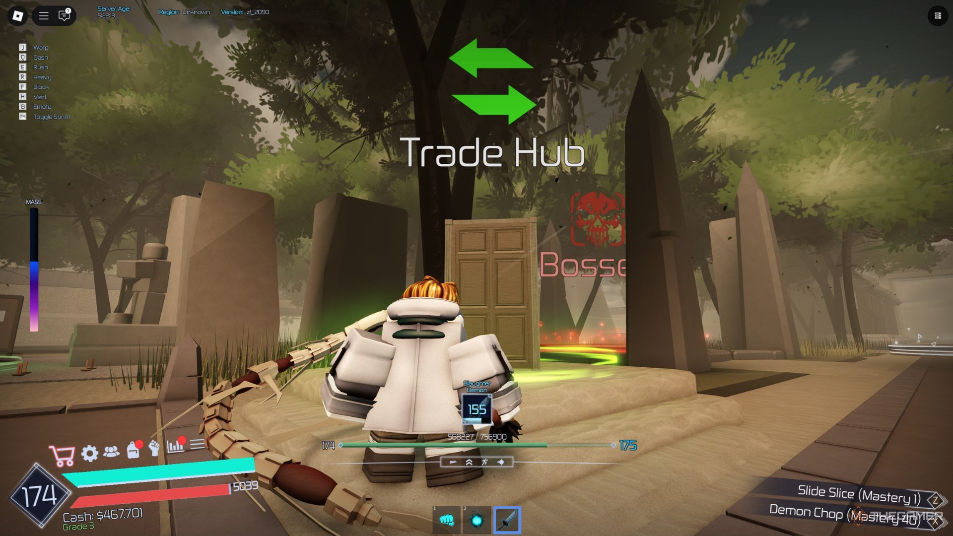 The player character shows Trade Hub in the main lobby in Jujutsu Infinite.