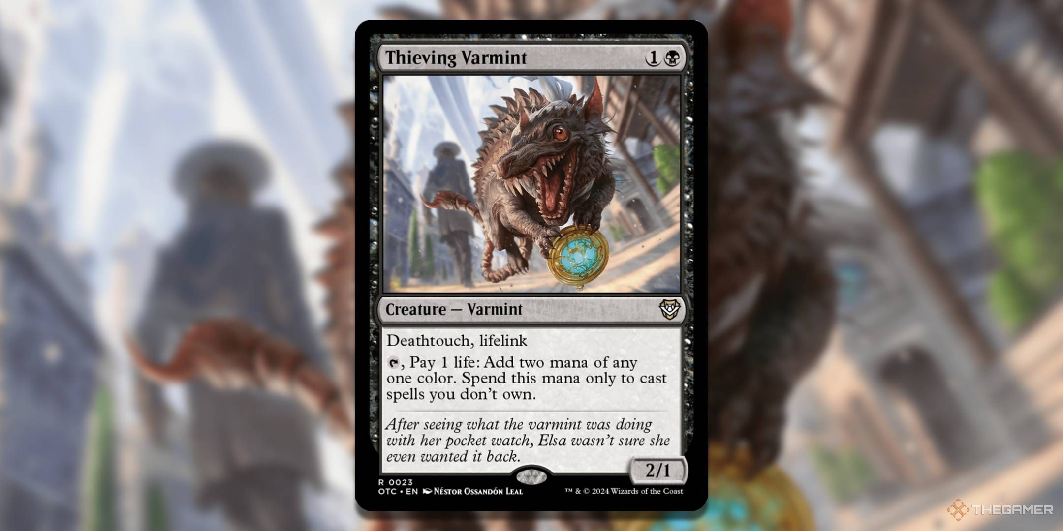 MTG Thieving Varmint card with the art in the background.