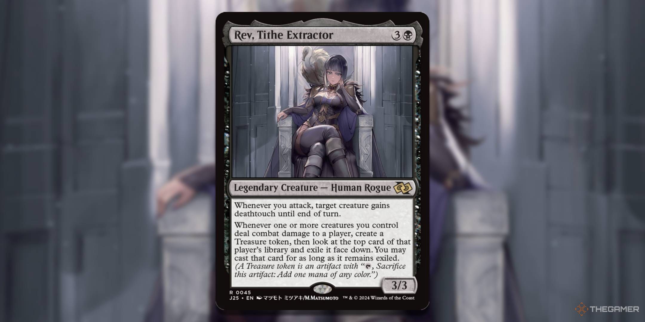 MTG Rev, Tithe Extractor card with the art in the background.