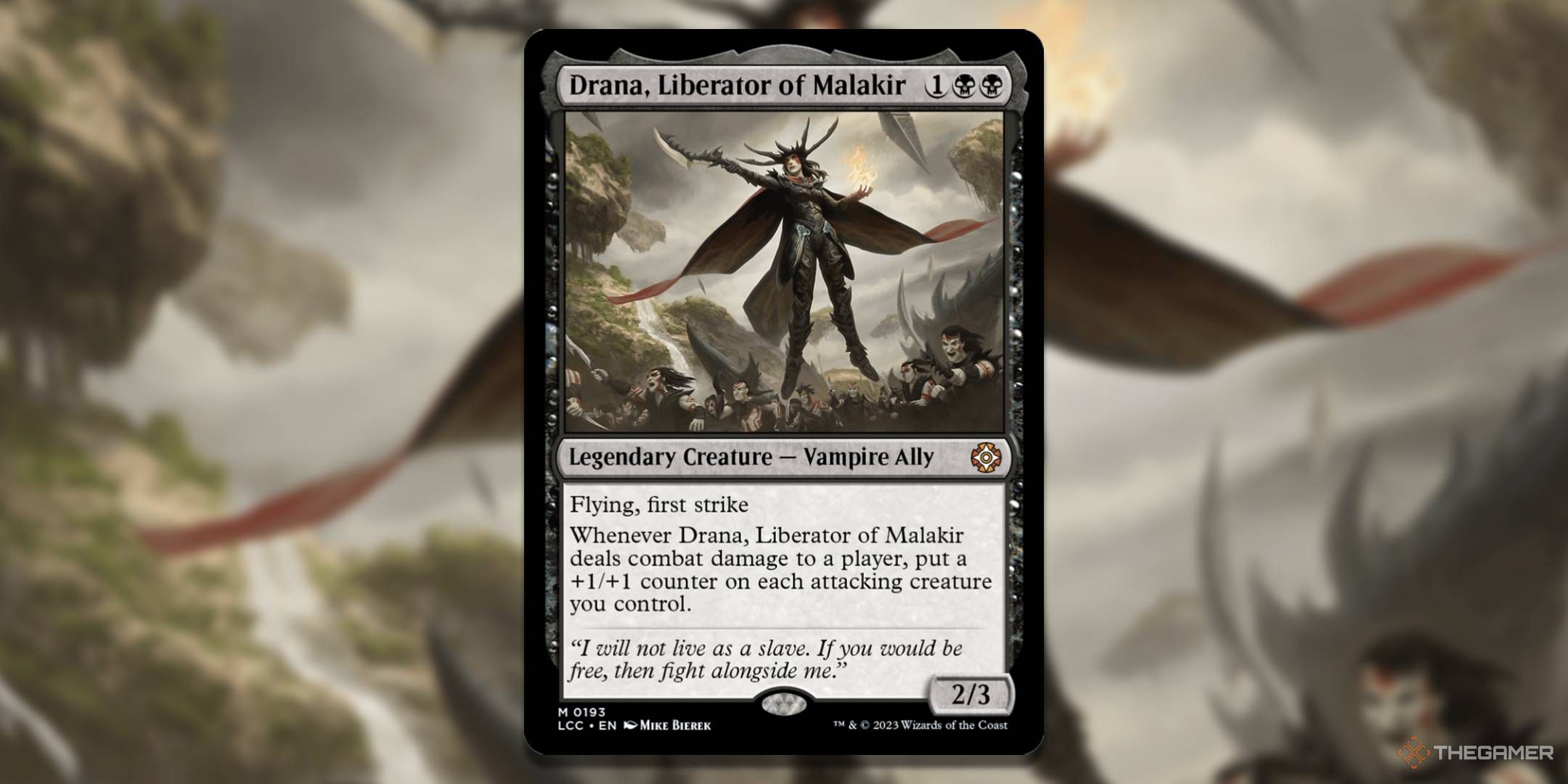 MTG Drana, Liberator of Malakir card with the art in the background.