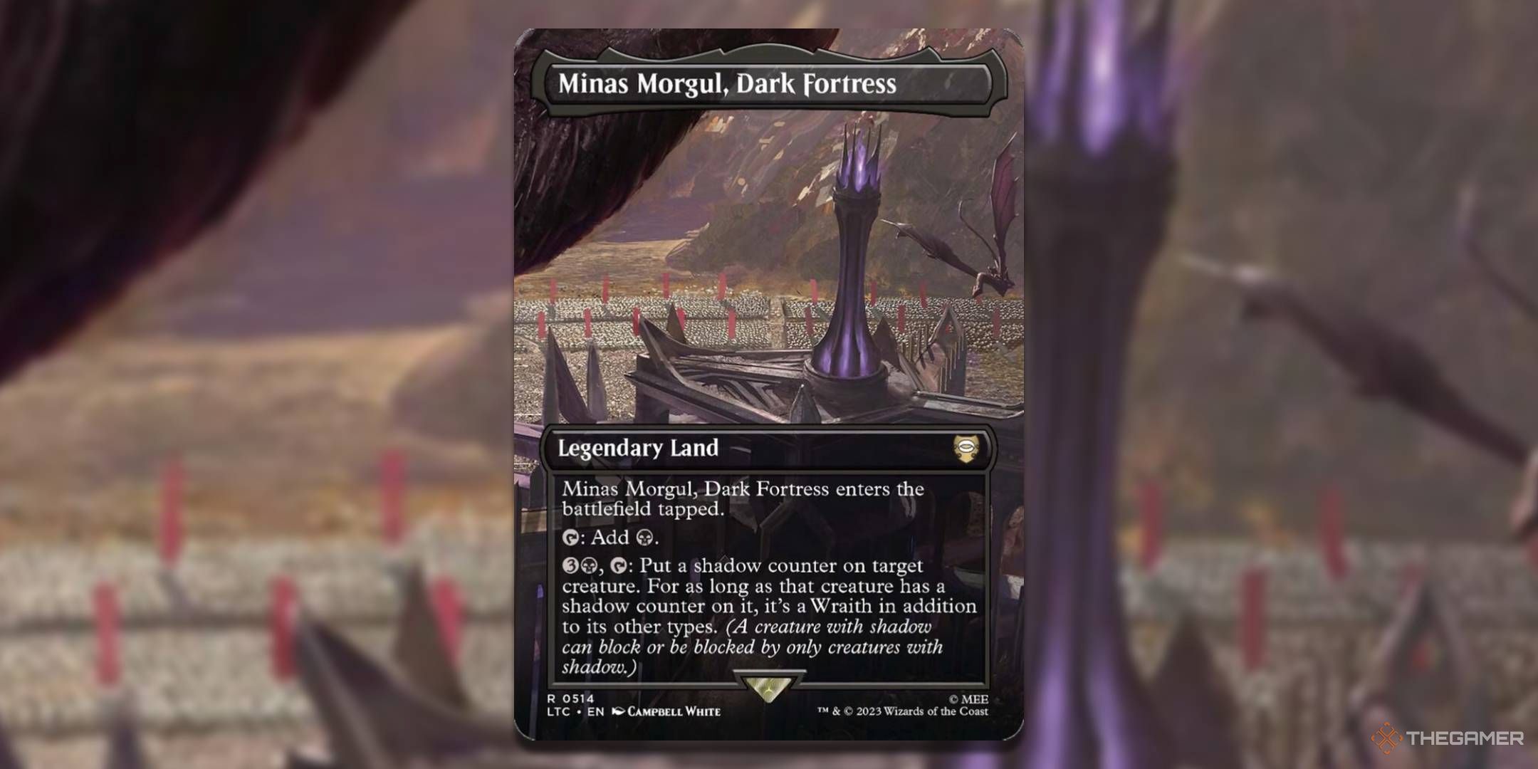 MTG Minas Morgul, Dark Fortress card with the art in the background.