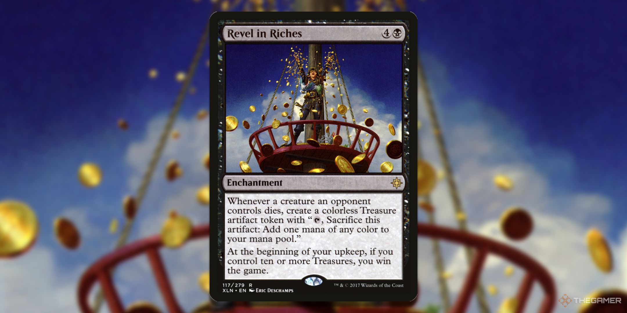 Revel in Riches card with the card art in the background.