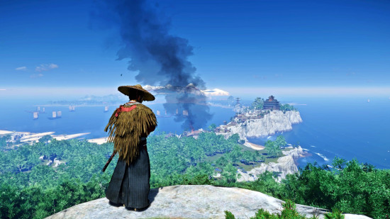 Jin Sakai surveys the coastline from a mountaintop in Ghost of Tsushima, one of the best open-world games.