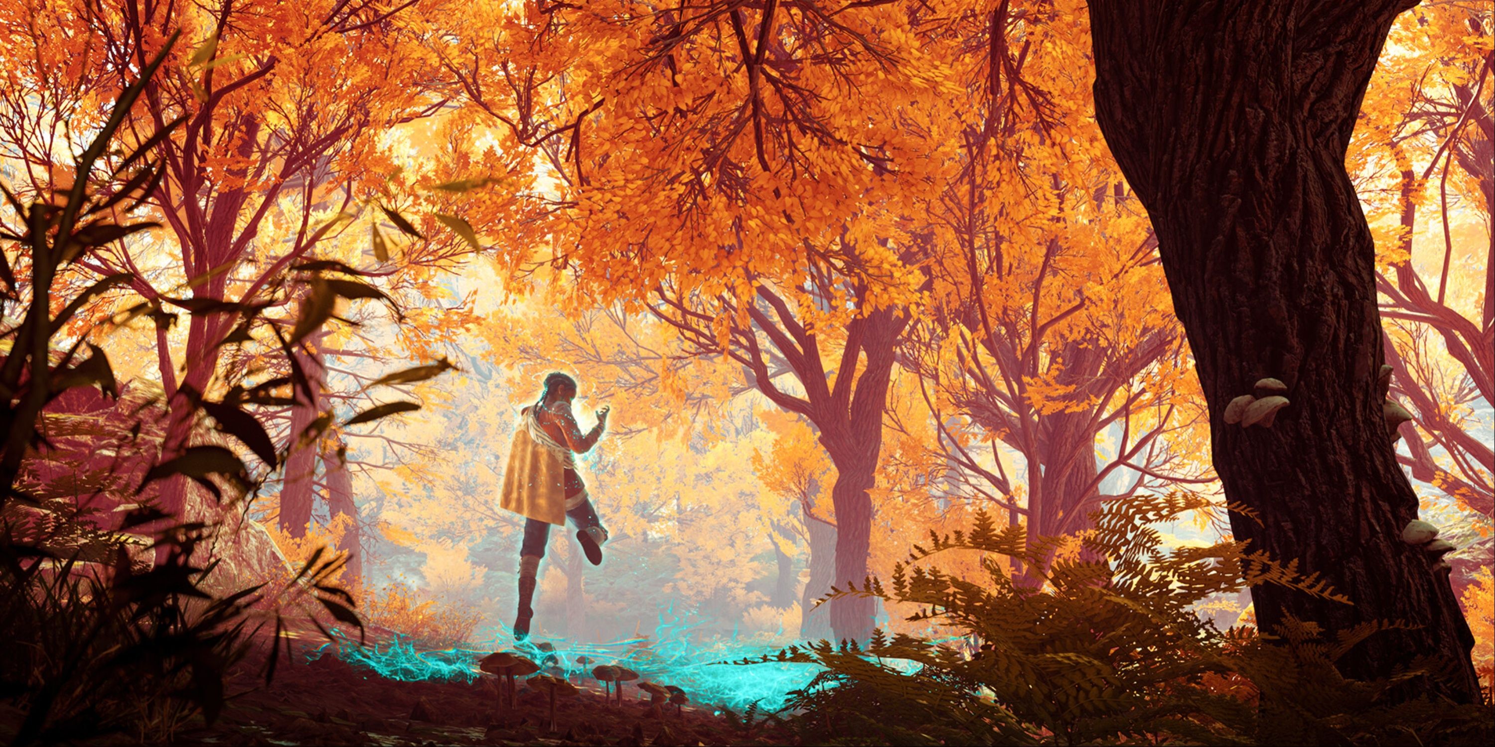 Banishers Ghosts Of New Eden Antea Emanating Blue Spirit Light Energy And Levitating In A Forest Filled With Trees Covered With Bright Orange Leaves.