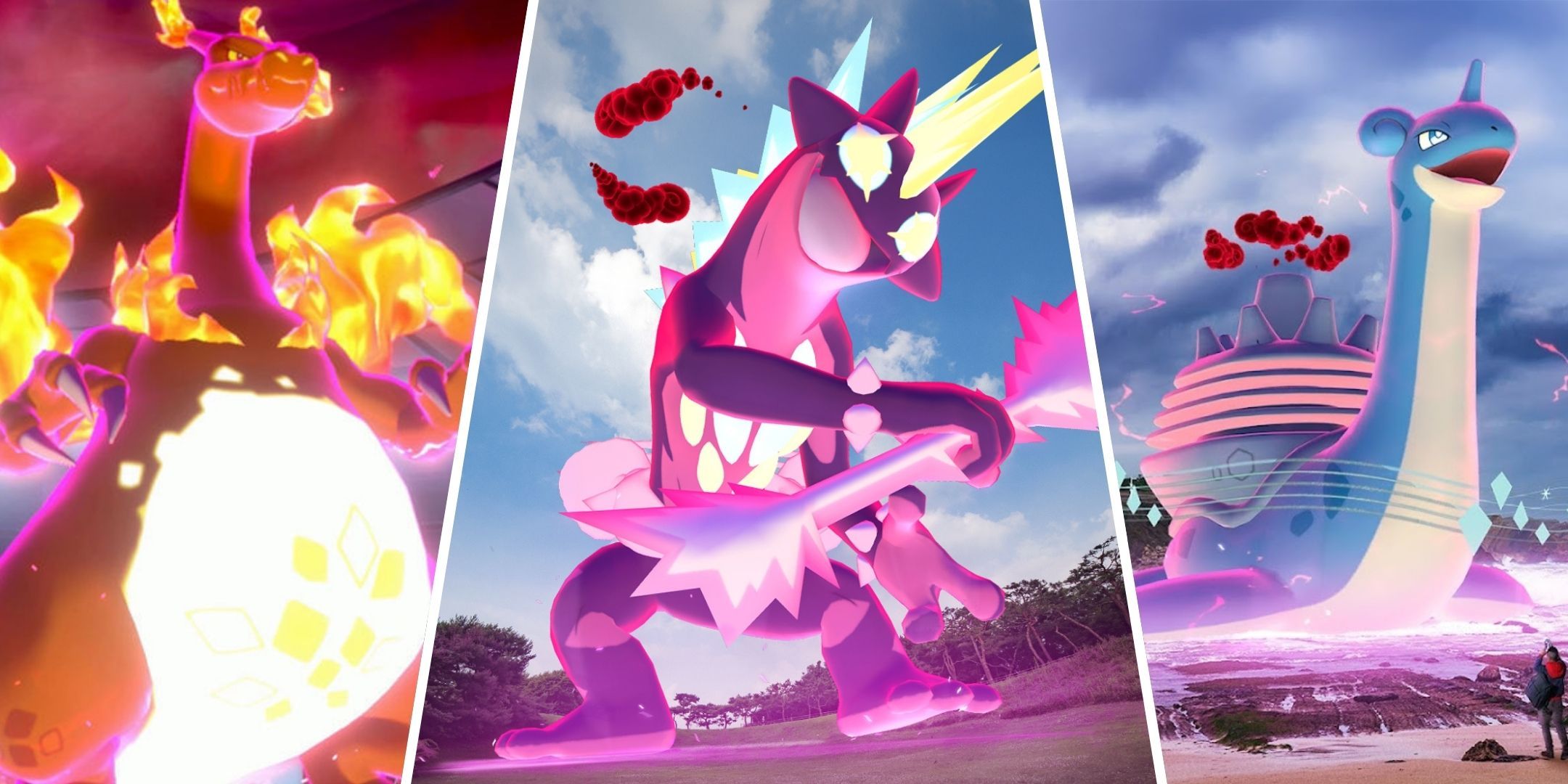 Charizard Gigantamax, Toxtricity Gigantamax, and Lapras Gigantamax in Pokemon Go.