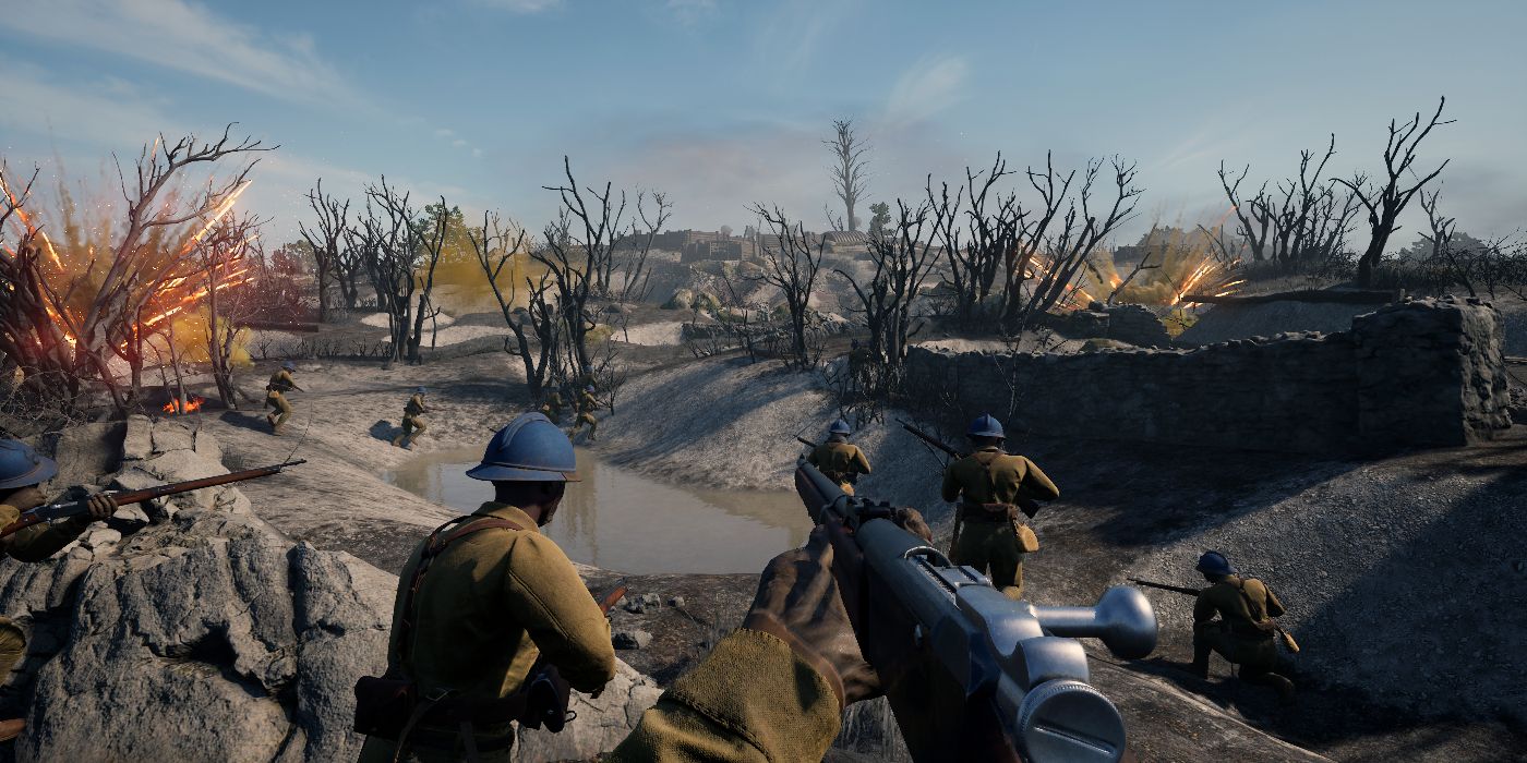 Soldiers run towards a battlefield covered in gas