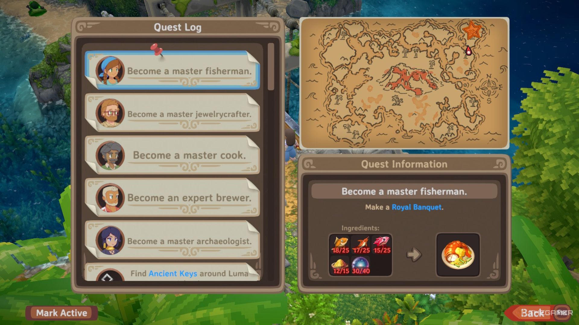 Menu view with quests on the left and a map of the Jungle on the right with an orange star edited onto the upper right corner in Luma Island.