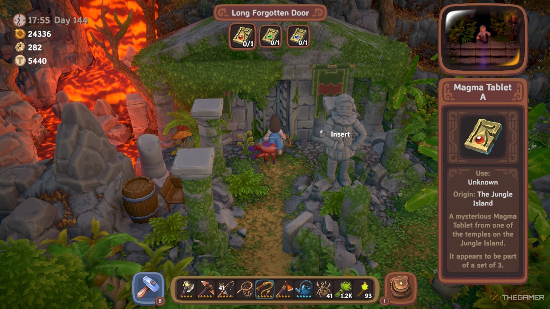 Player character standing outside the Ancient Jungle Temple with a menu that asks for Magma Tablets to the side in Luma Island.