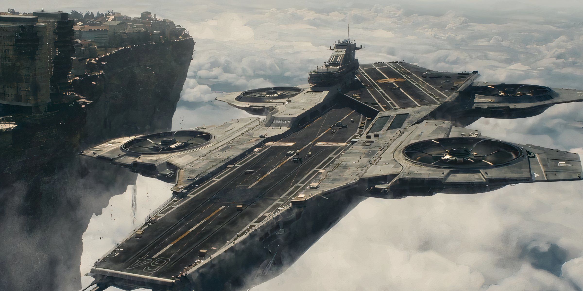 A S.H.I.E.L.D. Helicarrier Flying Next To A City Surrounded By Clouds In Marvel's Avengers: Age Of Ultron Movie.