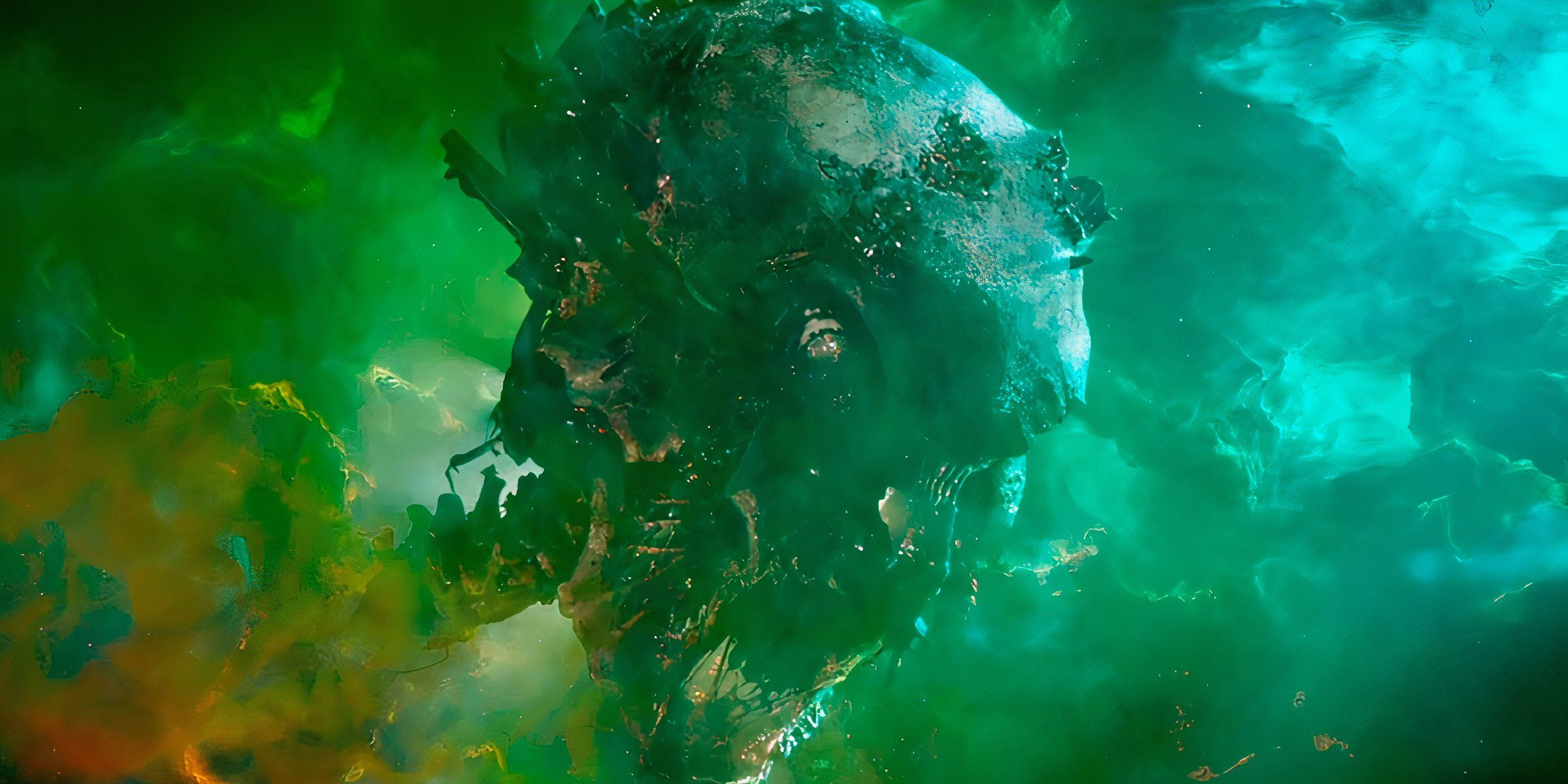 Knowhere The Celestial Head Surrounded By A Green Nebula Space In Marvel's Guardians Of The Galaxy Movie.