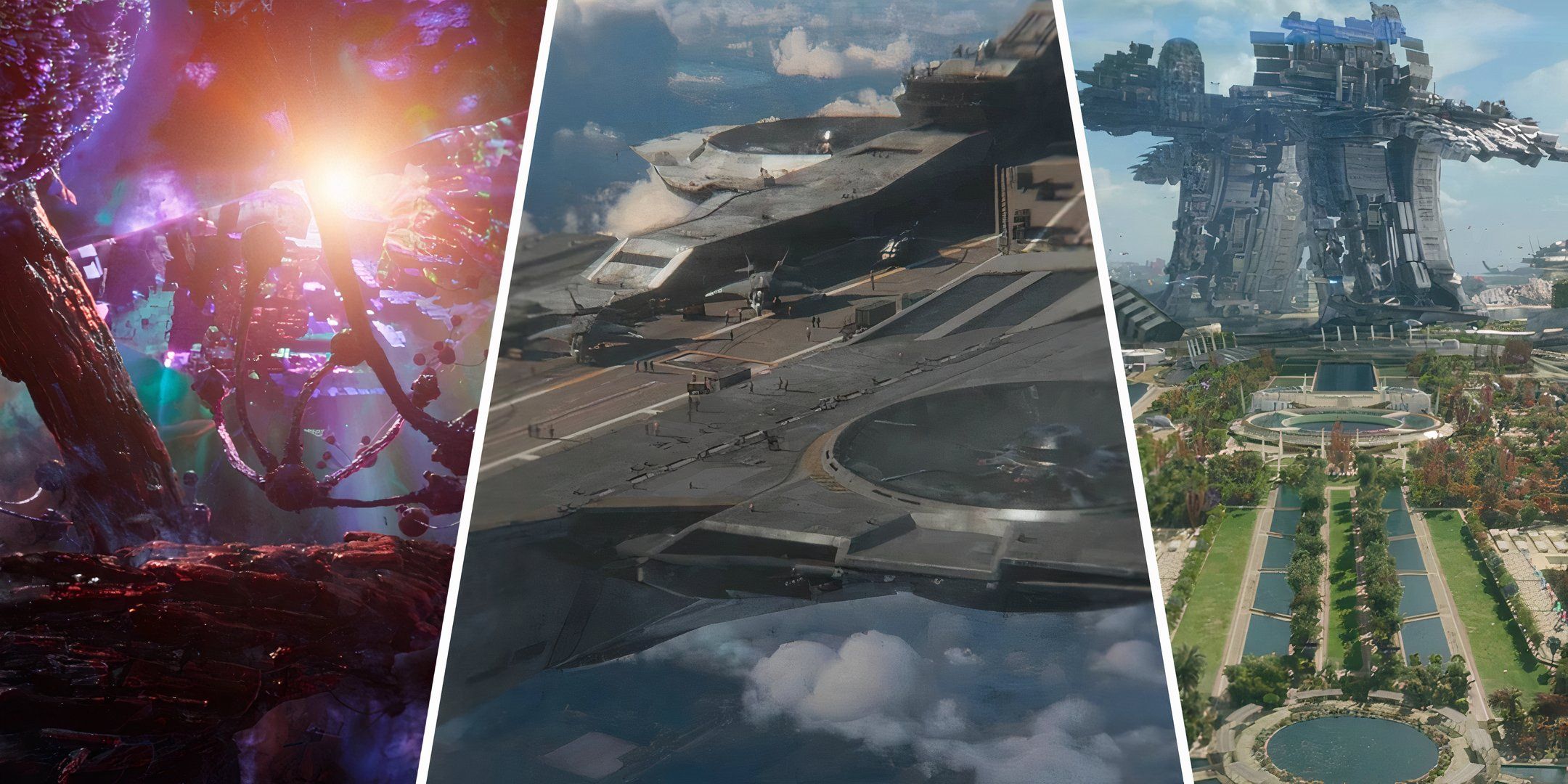 Three Images Of The Dark Dimension, A S.H.I.E.L.D Helicarrier And The Planet Xandar All From Various Marvel Cinematic Movies Such As, Doctor Strange And Guardians Of The Galaxy.