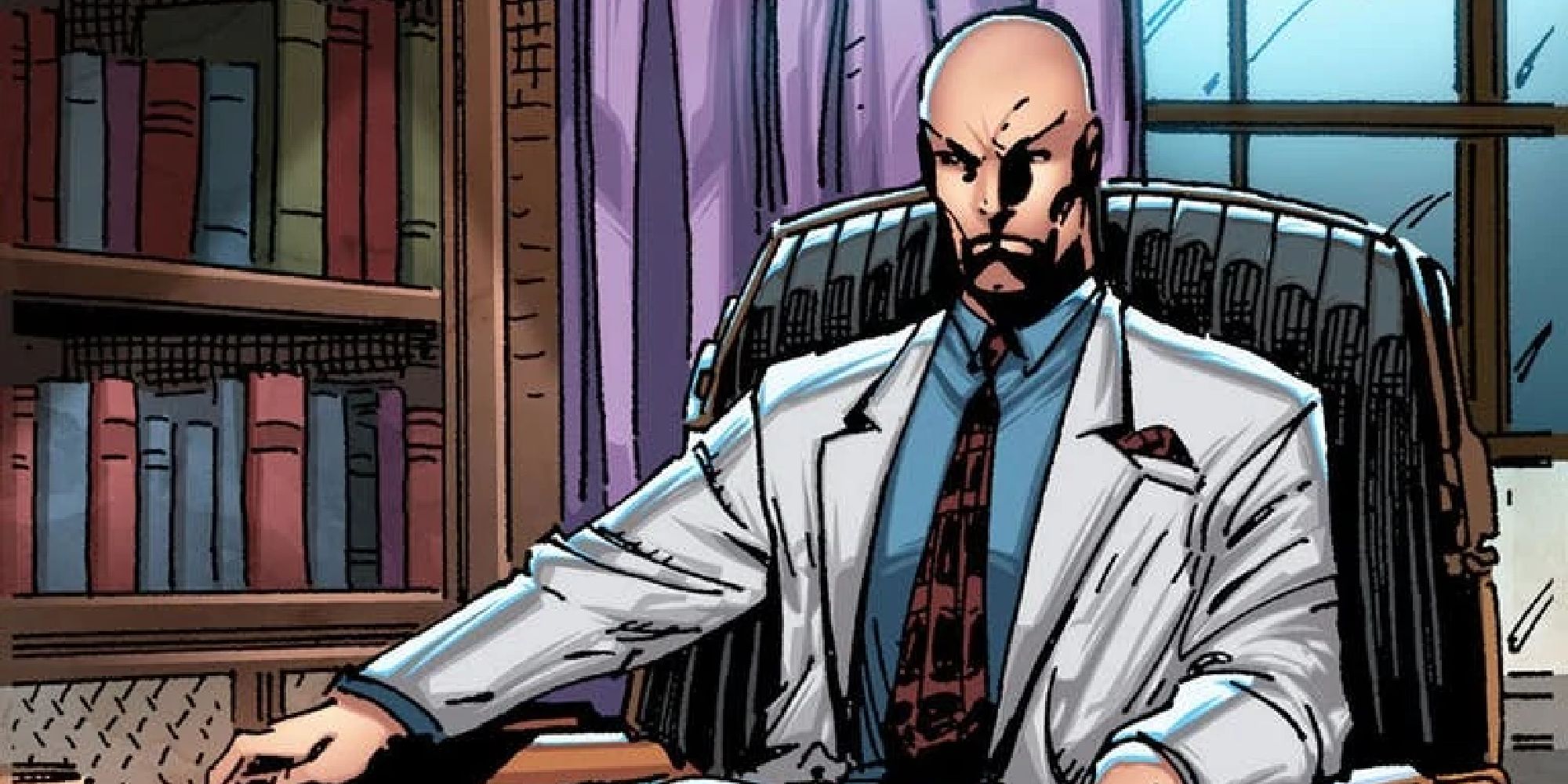 Charles Xavier sitting in his hoverchair in a library from the comics