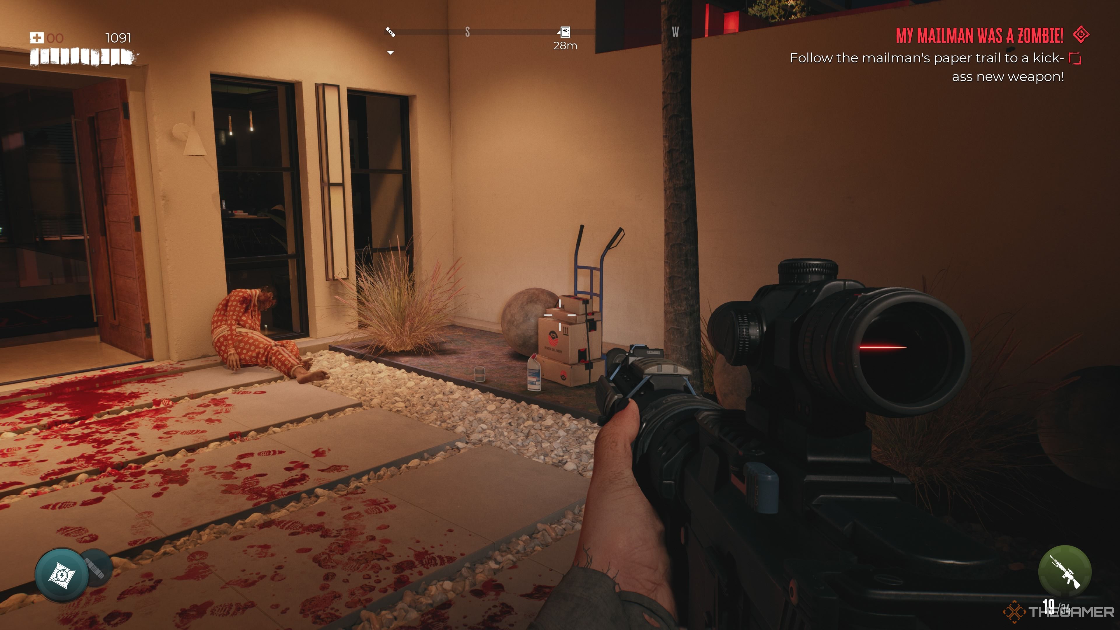 The image showcases a presumably dead zombie laying next to a wall of the Goat Pen and packages are stacked up on a carrier next to a palm tree for the player to interact with. The player is wielding a rifle.